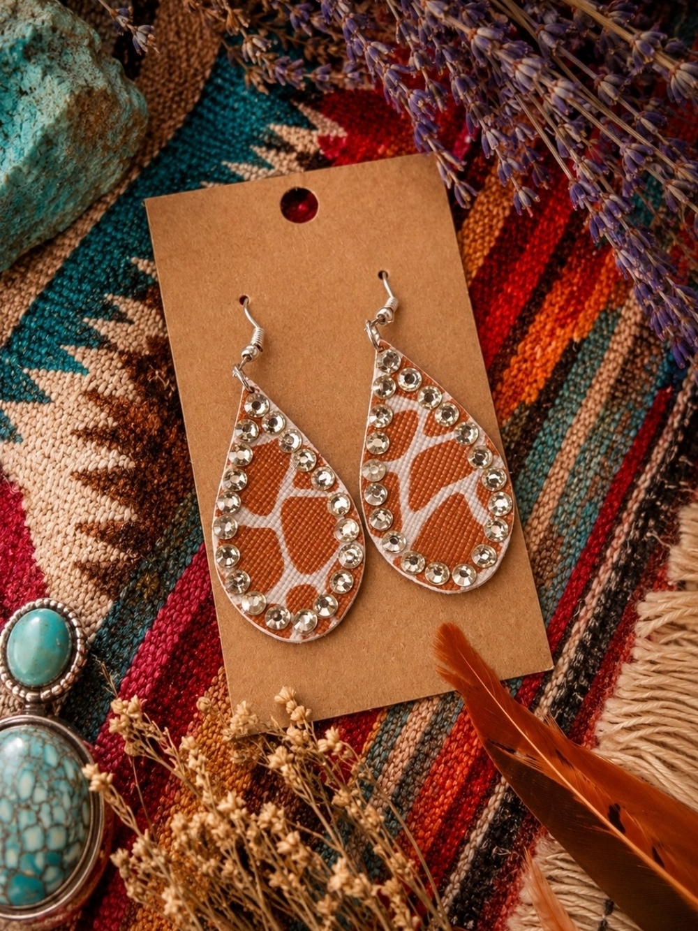 4/$15 Wild Artisan Teardrop Orange Giraffe Print Drop Earrings with Rhinestones